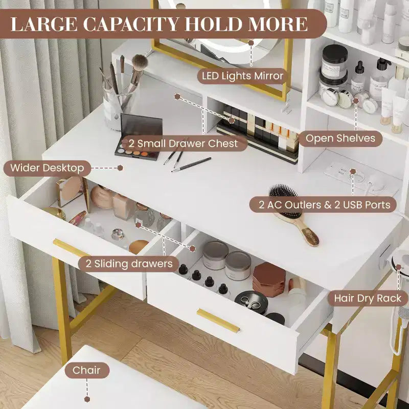 Vanity Desk with Rotating Mirror, Makeup Vanity Desk with Adjustable Mirror, Dressing Table With 2 Drawers, Storage Shelves & Stool for Bedroom