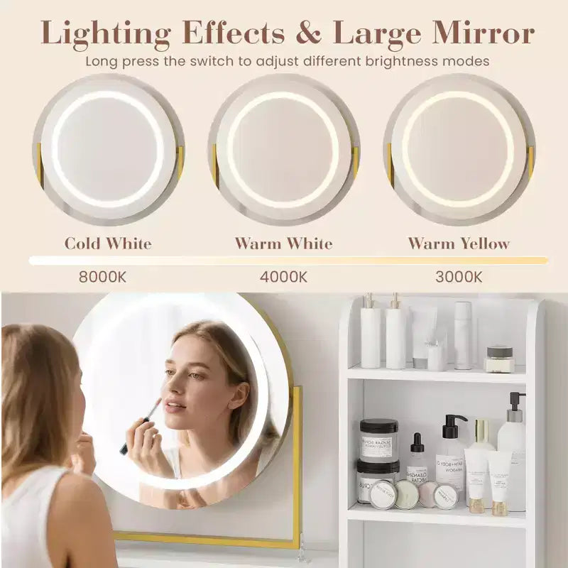 Vanity Desk with Rotating Mirror, Makeup Vanity Desk with Adjustable Mirror, Dressing Table With 2 Drawers, Storage Shelves & Stool for Bedroom