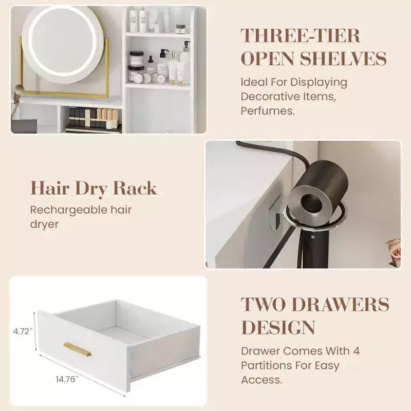 Vanity Desk with Rotating Mirror, Makeup Vanity Desk with Adjustable Mirror, Dressing Table With 2 Drawers, Storage Shelves & Stool for Bedroom