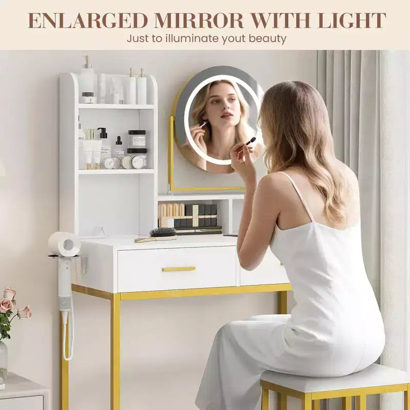 Vanity Desk with Rotating Mirror, Makeup Vanity Desk with Adjustable Mirror, Dressing Table With 2 Drawers, Storage Shelves & Stool for Bedroom