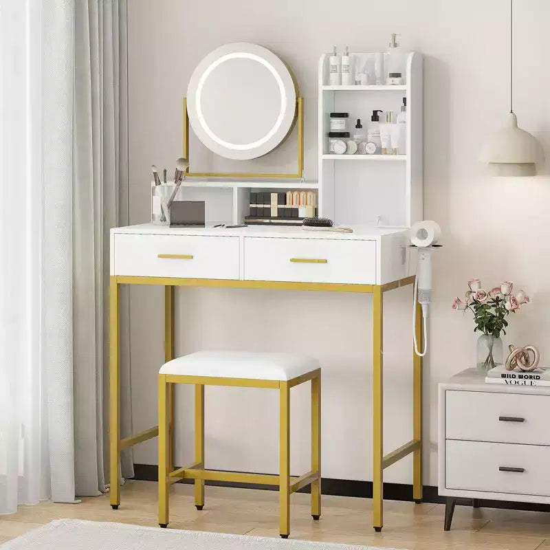 Vanity Desk with Rotating Mirror, Makeup Vanity Desk with Adjustable Mirror, Dressing Table With 2 Drawers, Storage Shelves & Stool for Bedroom