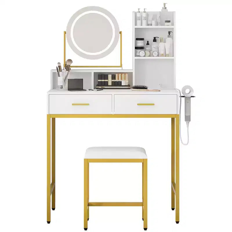 Vanity Desk with Rotating Mirror, Makeup Vanity Desk with Adjustable Mirror, Dressing Table With 2 Drawers, Storage Shelves & Stool for Bedroom