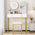 Vanity Desk with Rotating Mirror, Makeup Vanity Desk with Adjustable Mirror, Dressing Table With 2 Drawers, Storage Shelves & Stool for Bedroom