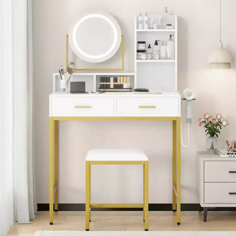 Vanity Desk with Rotating Mirror, Makeup Vanity Desk with Adjustable Mirror, Dressing Table With 2 Drawers, Storage Shelves & Stool for Bedroom