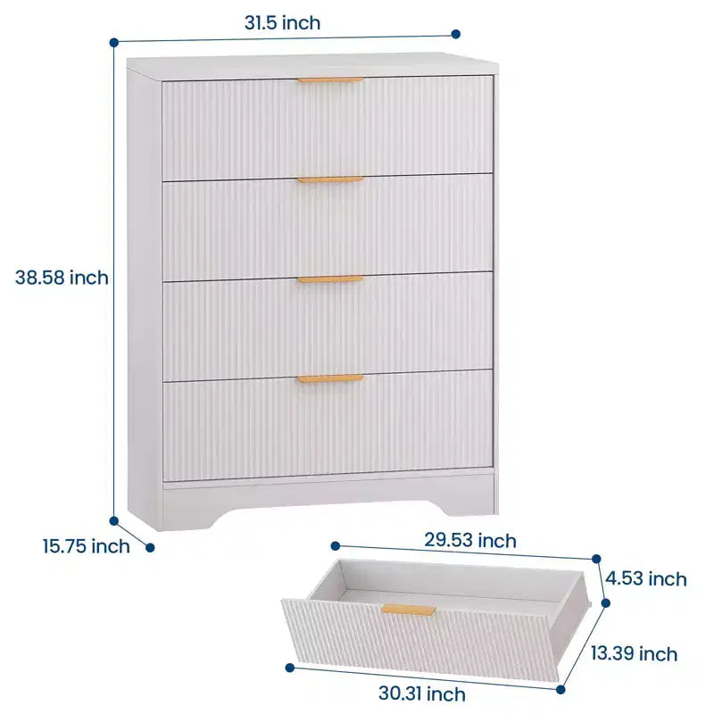 Fluted Dresser for Bedroom with 4 Drawers, 38.6 in Tall Modern Dresser with Gold Metal Handles, Wide Chest of Drawers for Hallway, Closet