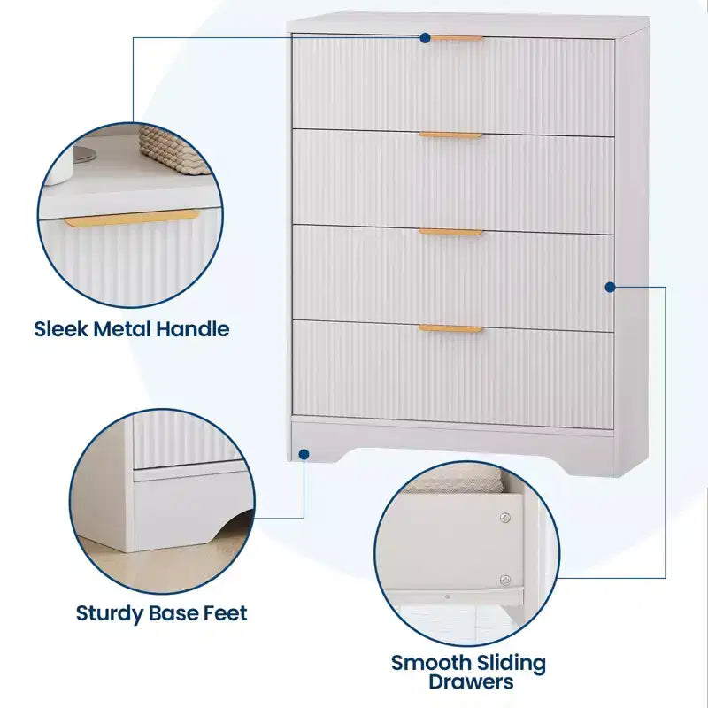 Fluted Dresser for Bedroom with 4 Drawers, 38.6 in Tall Modern Dresser with Gold Metal Handles, Wide Chest of Drawers for Hallway, Closet