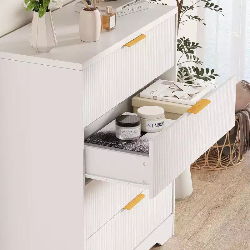 Fluted Dresser for Bedroom with 4 Drawers, 38.6 in Tall Modern Dresser with Gold Metal Handles, Wide Chest of Drawers for Hallway, Closet