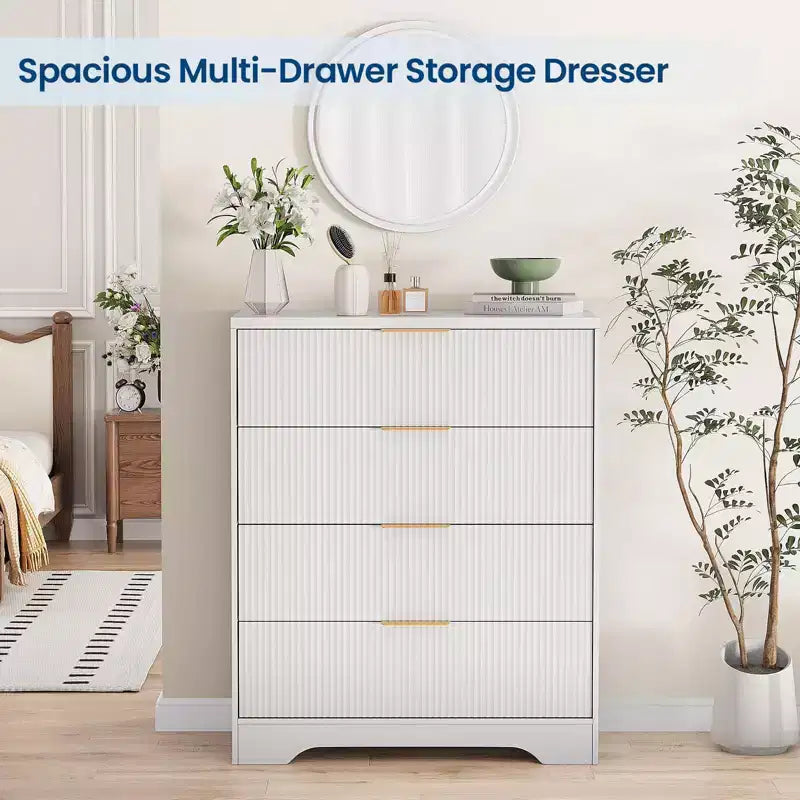 Fluted Dresser for Bedroom with 4 Drawers, 38.6 in Tall Modern Dresser with Gold Metal Handles, Wide Chest of Drawers for Hallway, Closet