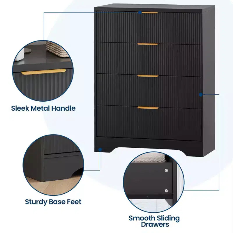 Fluted Dresser for Bedroom with 4 Drawers, 38.6 in Tall Modern Dresser with Gold Metal Handles, Wide Chest of Drawers for Hallway, Closet