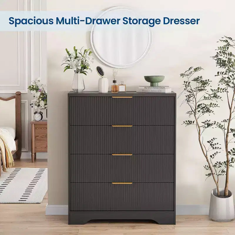 Fluted Dresser for Bedroom with 4 Drawers, 38.6 in Tall Modern Dresser with Gold Metal Handles, Wide Chest of Drawers for Hallway, Closet