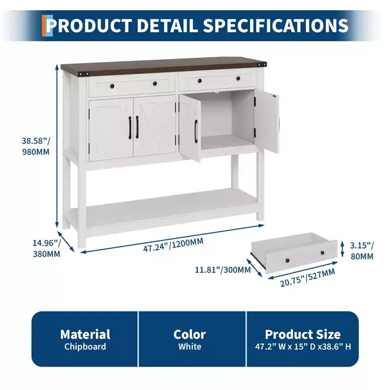 Rustic-style entryway table with 2 drawers, 4 doors, and open shelvinga narrow sideboard perfect for kitchens, hallways, or living rooms.