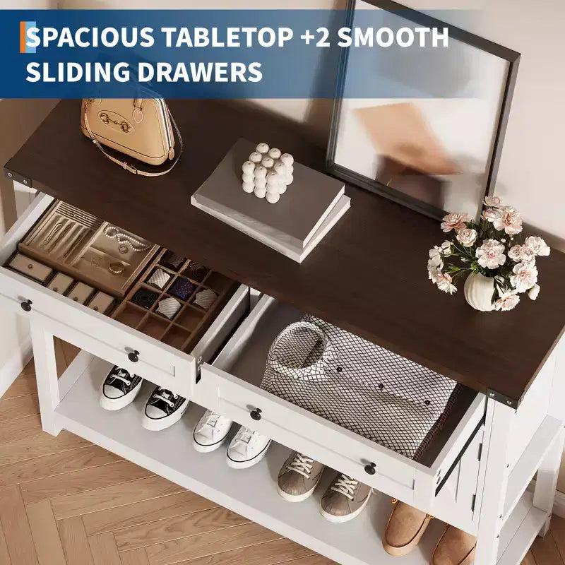 Rustic-style entryway table with 2 drawers, 4 doors, and open shelvinga narrow sideboard perfect for kitchens, hallways, or living rooms.