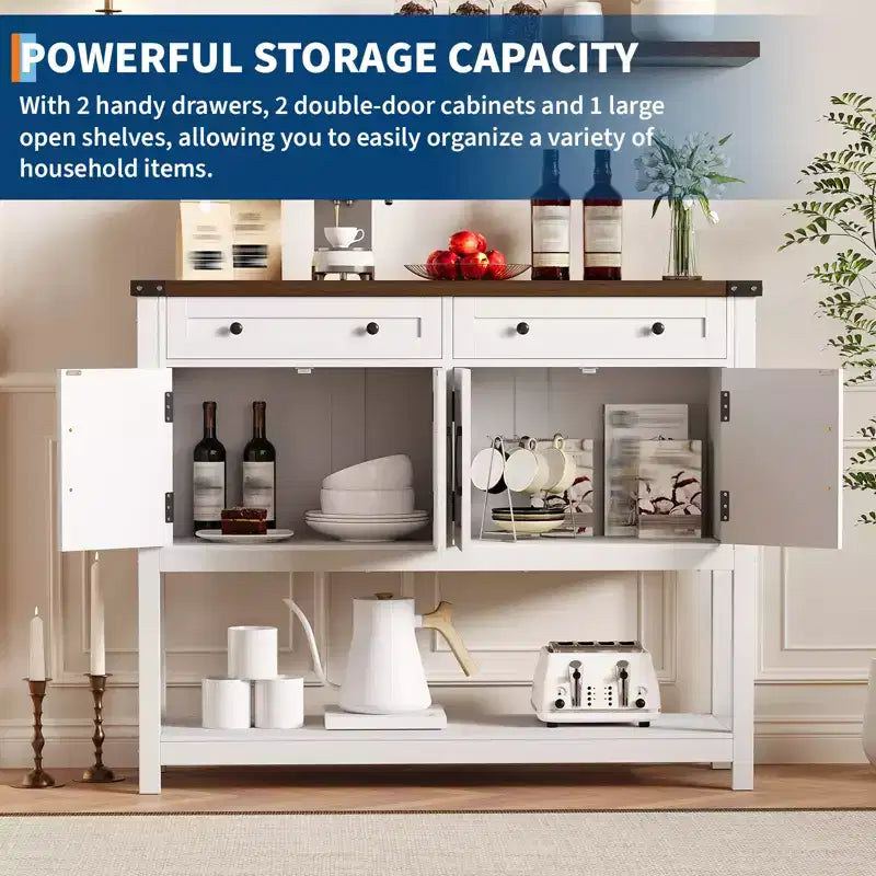 Rustic-style entryway table with 2 drawers, 4 doors, and open shelvinga narrow sideboard perfect for kitchens, hallways, or living rooms.
