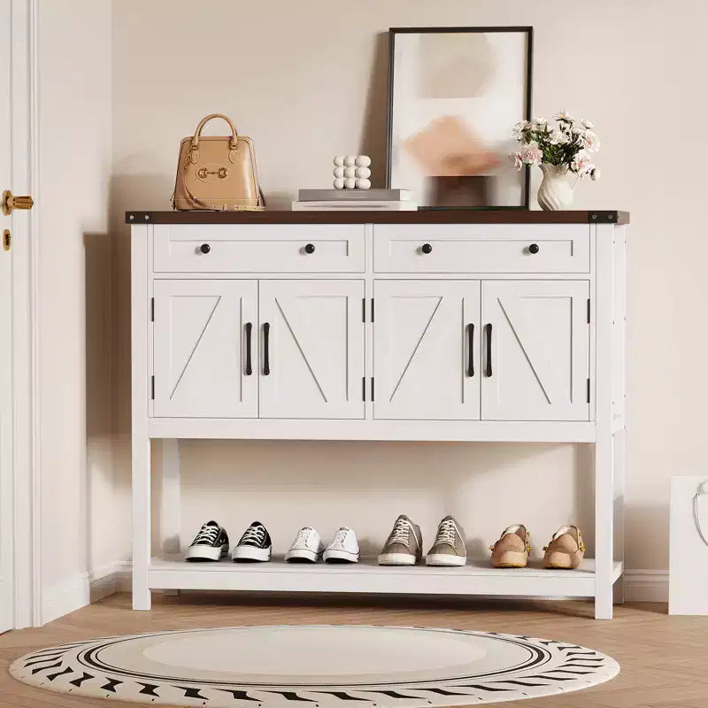 Rustic-style entryway table with 2 drawers, 4 doors, and open shelvinga narrow sideboard perfect for kitchens, hallways, or living rooms.
