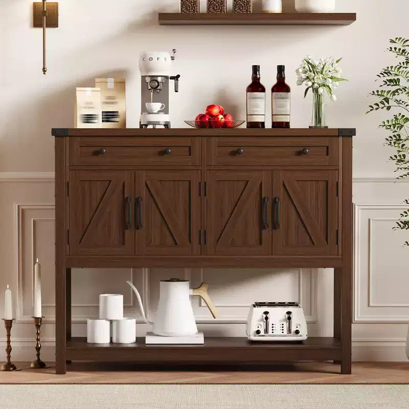 Rustic-style entryway table with 2 drawers, 4 doors, and open shelvinga narrow sideboard perfect for kitchens, hallways, or living rooms.