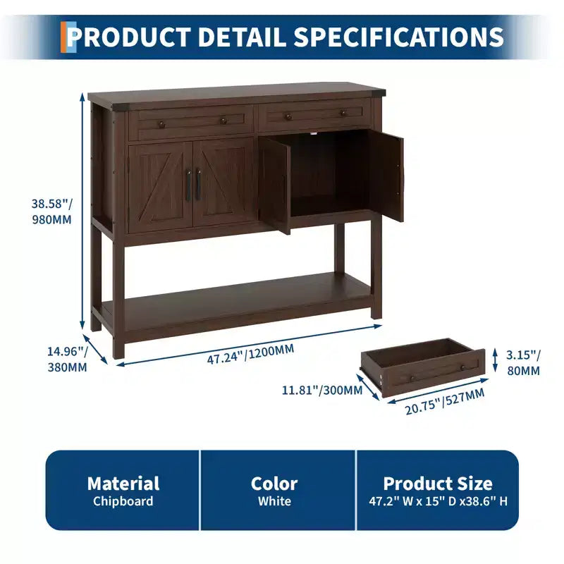 Rustic-style entryway table with 2 drawers, 4 doors, and open shelvinga narrow sideboard perfect for kitchens, hallways, or living rooms.