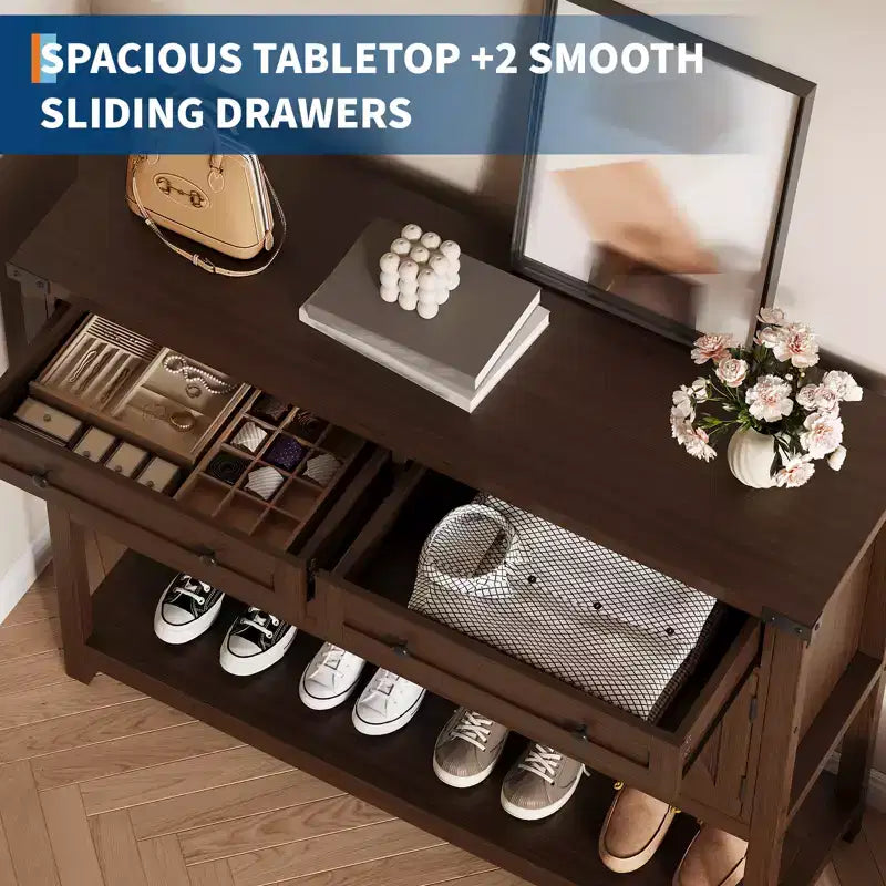 Rustic-style entryway table with 2 drawers, 4 doors, and open shelvinga narrow sideboard perfect for kitchens, hallways, or living rooms.