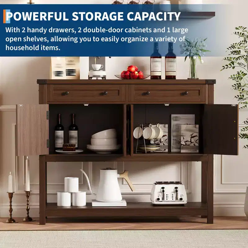 Rustic-style entryway table with 2 drawers, 4 doors, and open shelvinga narrow sideboard perfect for kitchens, hallways, or living rooms.