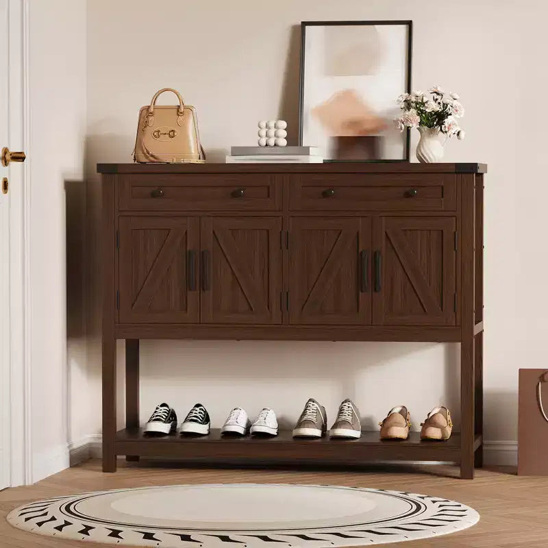 Rustic-style entryway table with 2 drawers, 4 doors, and open shelvinga narrow sideboard perfect for kitchens, hallways, or living rooms.