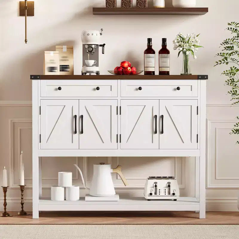Rustic-style entryway table with 2 drawers, 4 doors, and open shelvinga narrow sideboard perfect for kitchens, hallways, or living rooms.