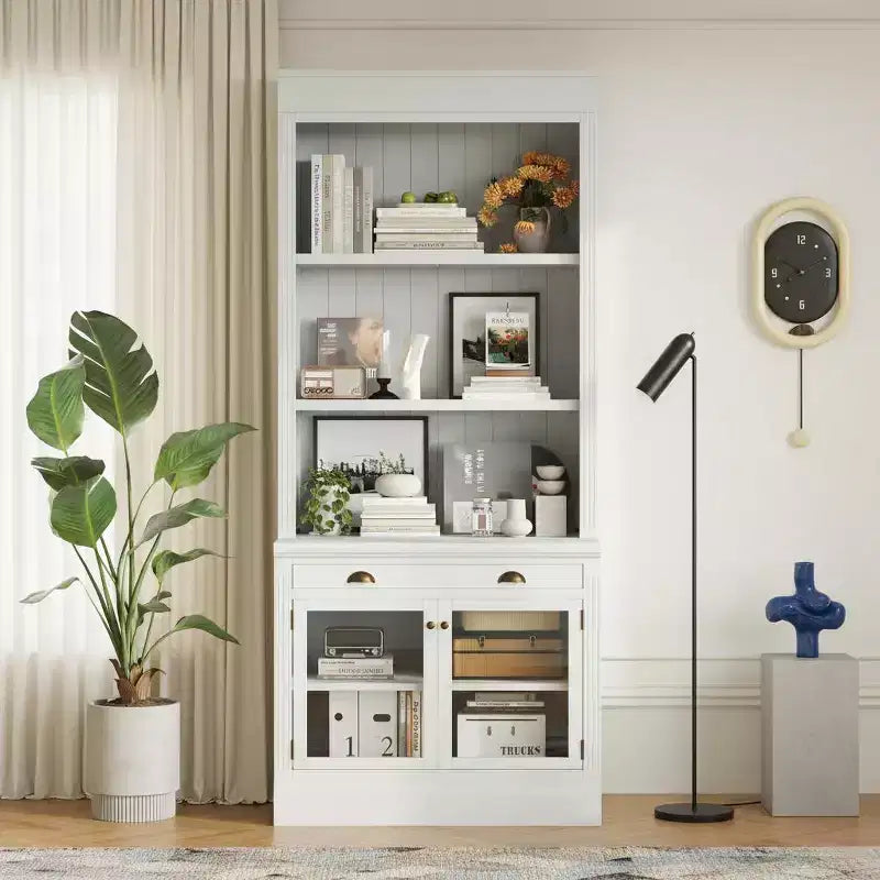 Polibi Modern Display Bookcase with 2 Glass Doors, Adjustable Shelf & Storage Drawer