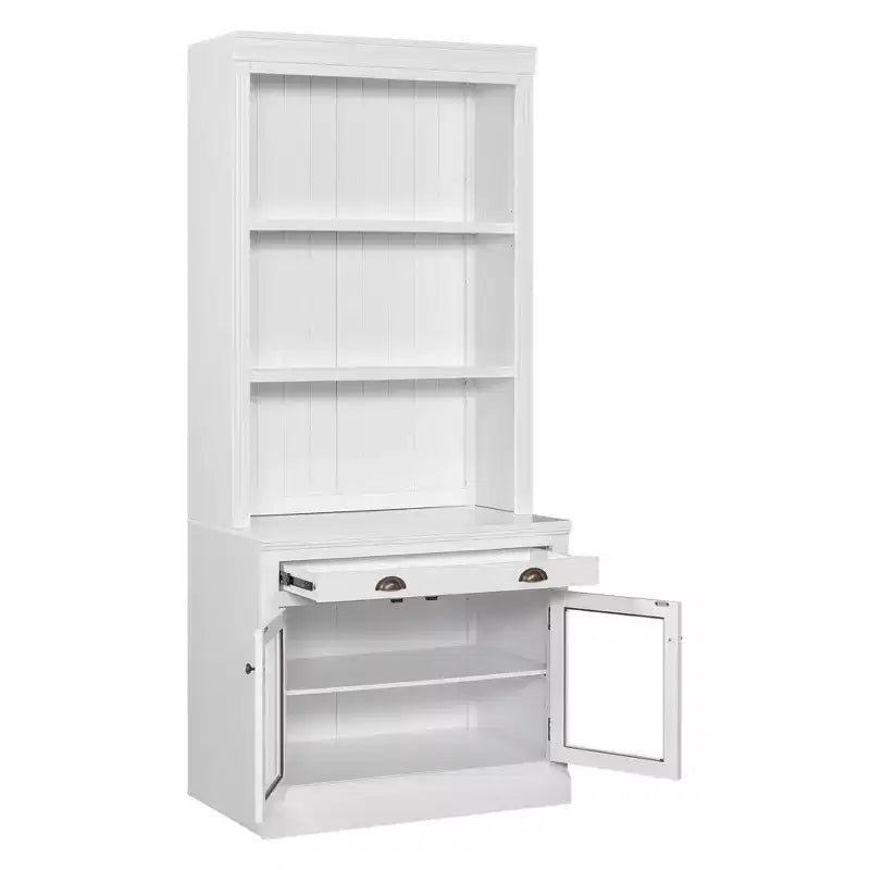 Polibi Modern Display Bookcase with 2 Glass Doors, Adjustable Shelf & Storage Drawer