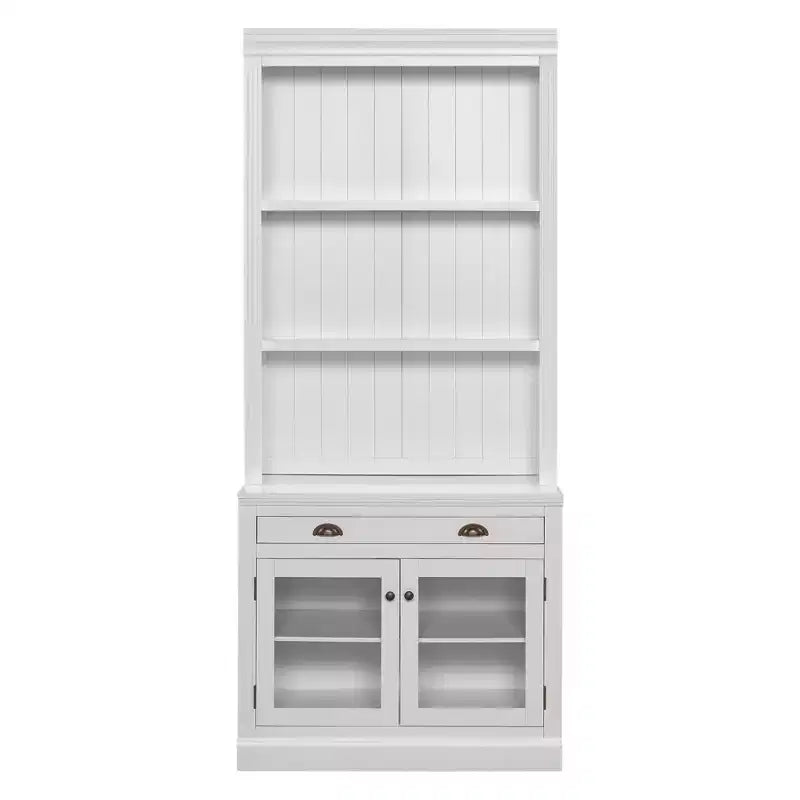 Polibi Modern Display Bookcase with 2 Glass Doors, Adjustable Shelf & Storage Drawer
