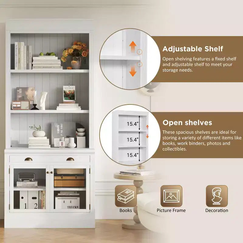 Polibi Modern Display Bookcase with 2 Glass Doors, Adjustable Shelf & Storage Drawer