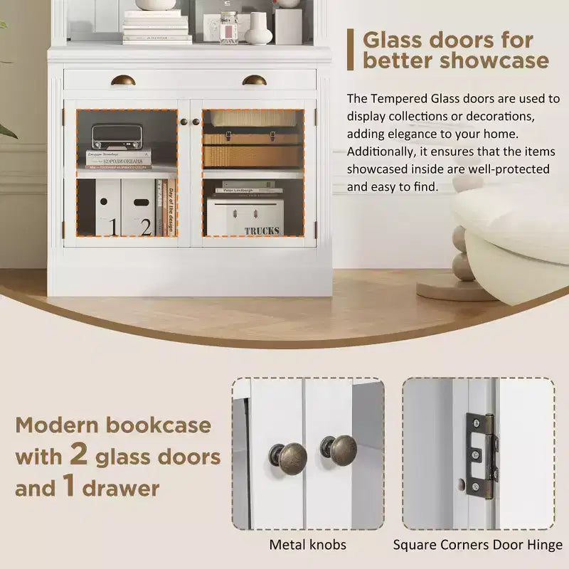 Polibi Modern Display Bookcase with 2 Glass Doors, Adjustable Shelf & Storage Drawer