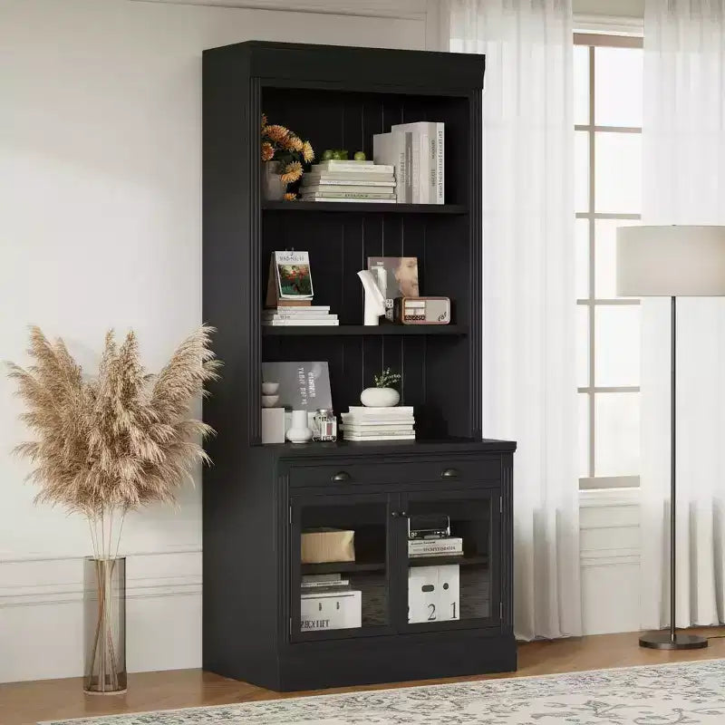 Polibi Modern Display Bookcase with 2 Glass Doors, Adjustable Shelf & Storage Drawer