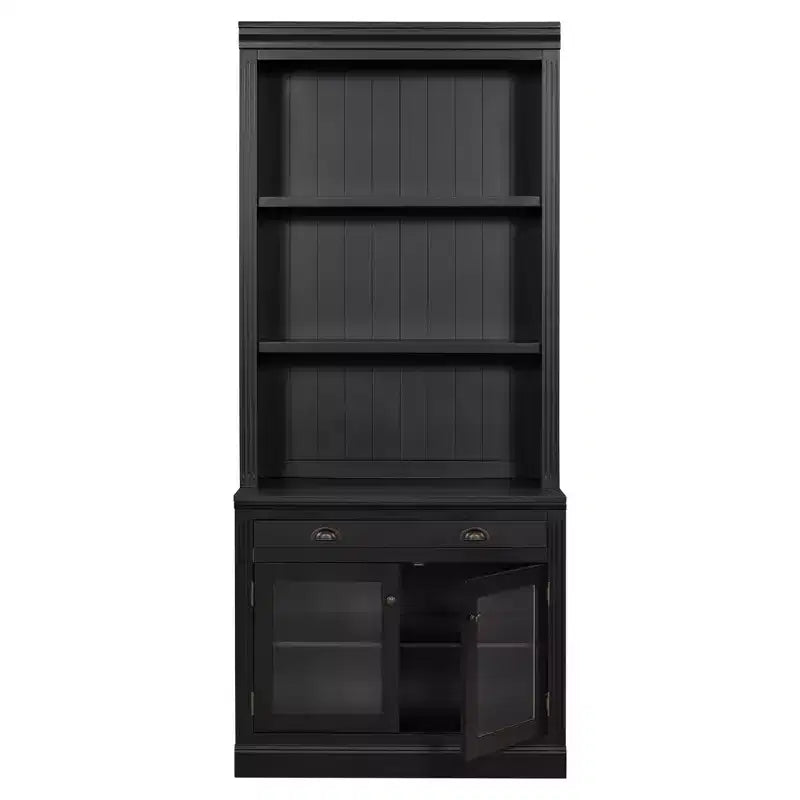 Polibi Modern Display Bookcase with 2 Glass Doors, Adjustable Shelf & Storage Drawer