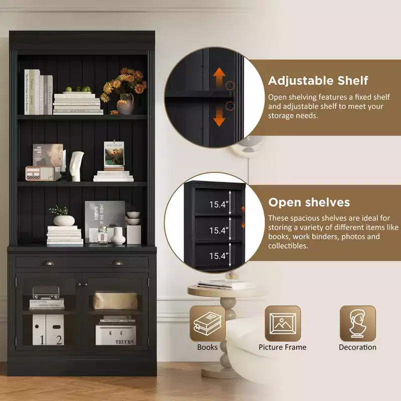 Polibi Modern Display Bookcase with 2 Glass Doors, Adjustable Shelf & Storage Drawer