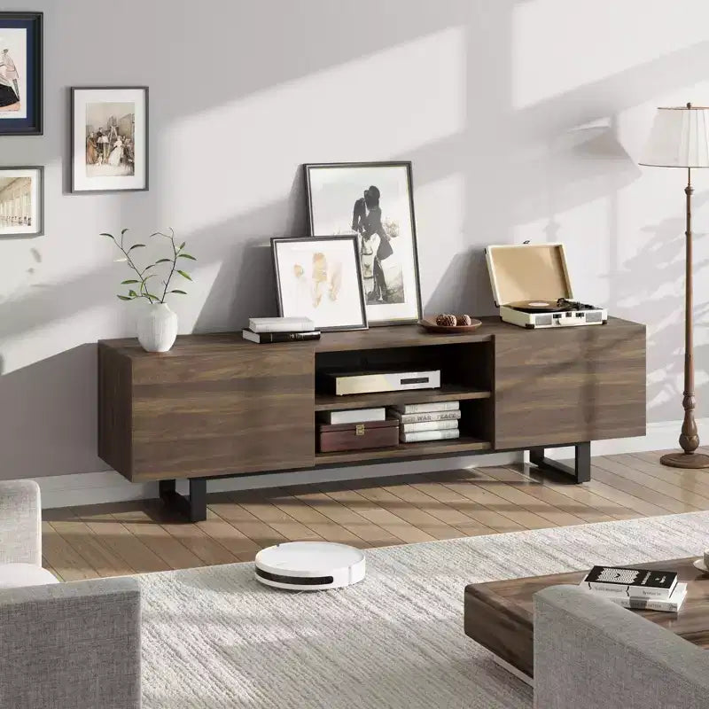 Industrial-style TV stand with two drawers, suitable for 80-inch TVs  wood media cabinet for living rooms
