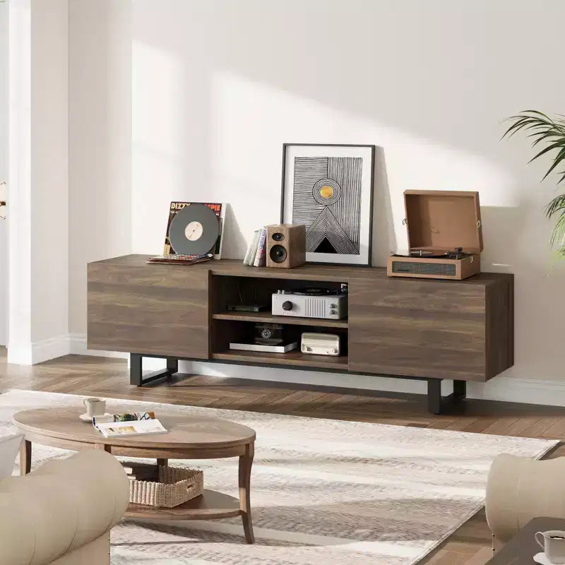 Industrial-style TV stand with two drawers, suitable for 80-inch TVs  wood media cabinet for living rooms