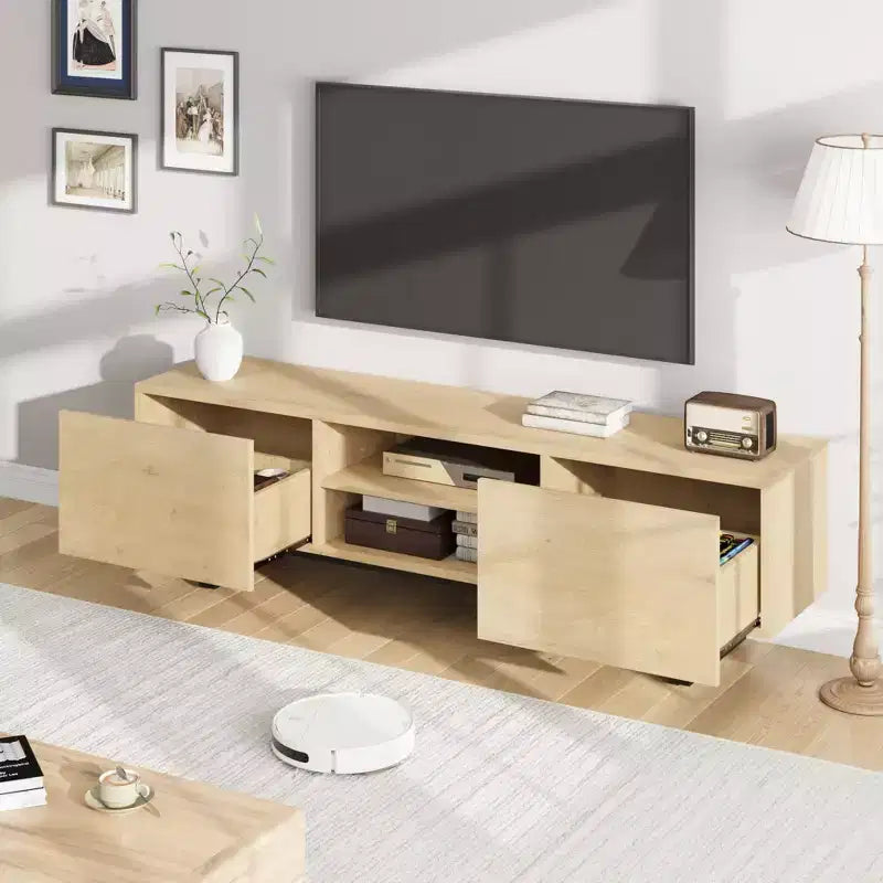 Industrial-style TV stand with two drawers, suitable for 80-inch TVs  wood media cabinet for living rooms