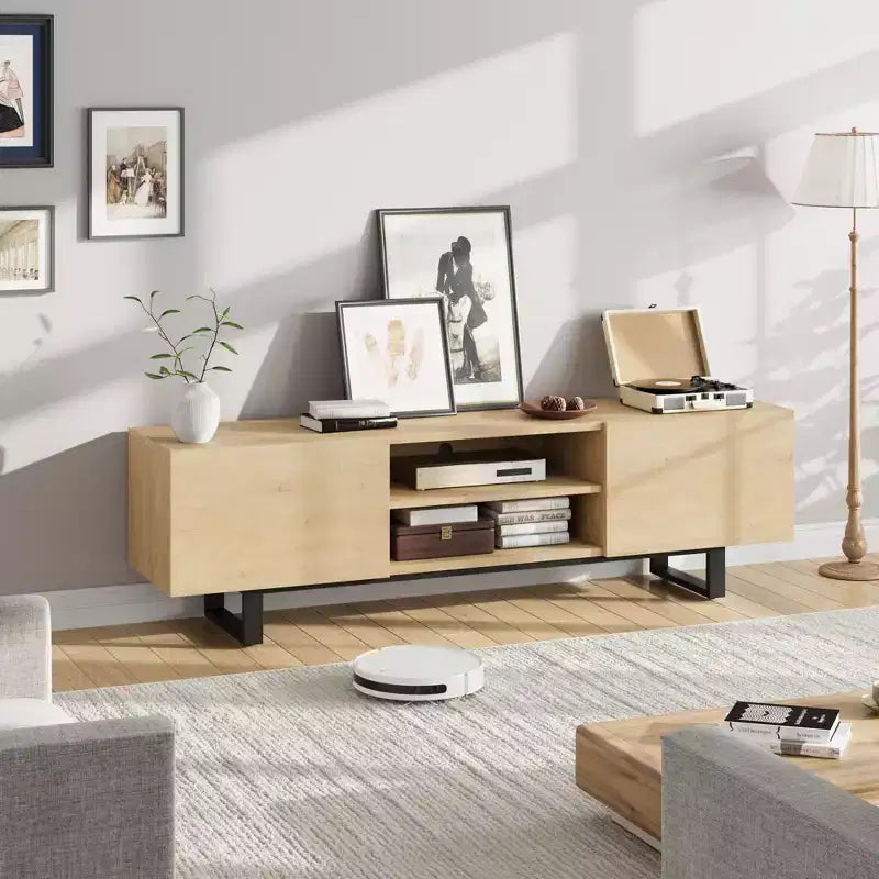 Industrial-style TV stand with two drawers, suitable for 80-inch TVs  wood media cabinet for living rooms
