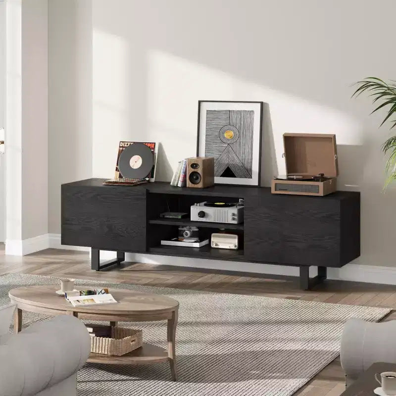 Industrial-style TV stand with two drawers, suitable for 80-inch TVs  wood media cabinet for living rooms