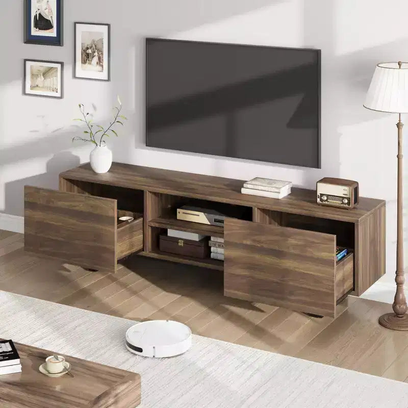 Industrial-style TV stand with two drawers, suitable for 80-inch TVs  wood media cabinet for living rooms