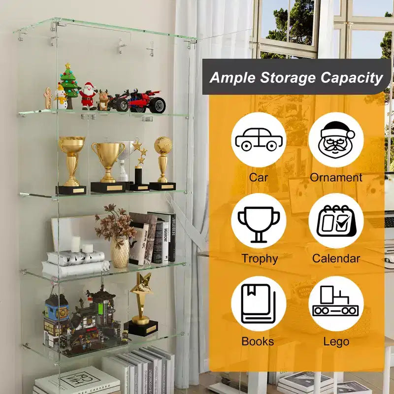 63 Corner Display Cabinet with Glass Doors, Glass Curio Cabinets with Lights & Wheels, 5-Tier Display Cases