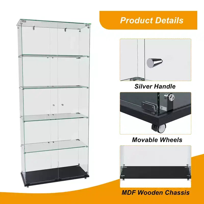 63 Corner Display Cabinet with Glass Doors, Glass Curio Cabinets with Lights & Wheels, 5-Tier Display Cases