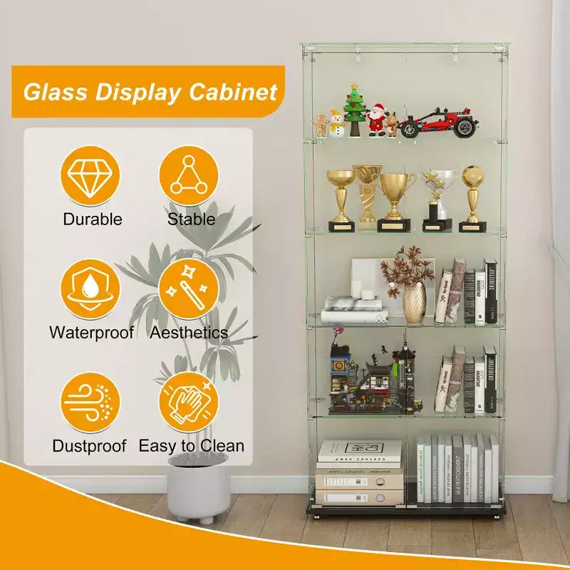 63 Corner Display Cabinet with Glass Doors, Glass Curio Cabinets with Lights & Wheels, 5-Tier Display Cases