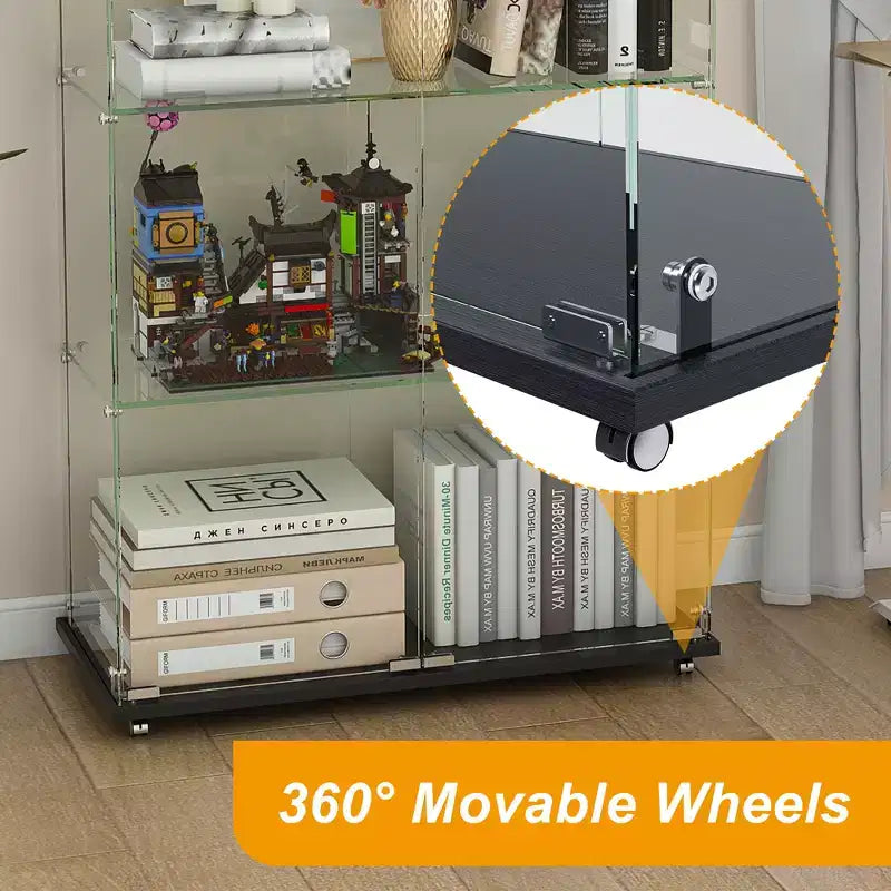 63 Corner Display Cabinet with Glass Doors, Glass Curio Cabinets with Lights & Wheels, 5-Tier Display Cases