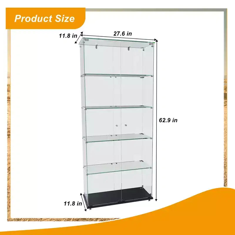 63 Corner Display Cabinet with Glass Doors, Glass Curio Cabinets with Lights & Wheels, 5-Tier Display Cases