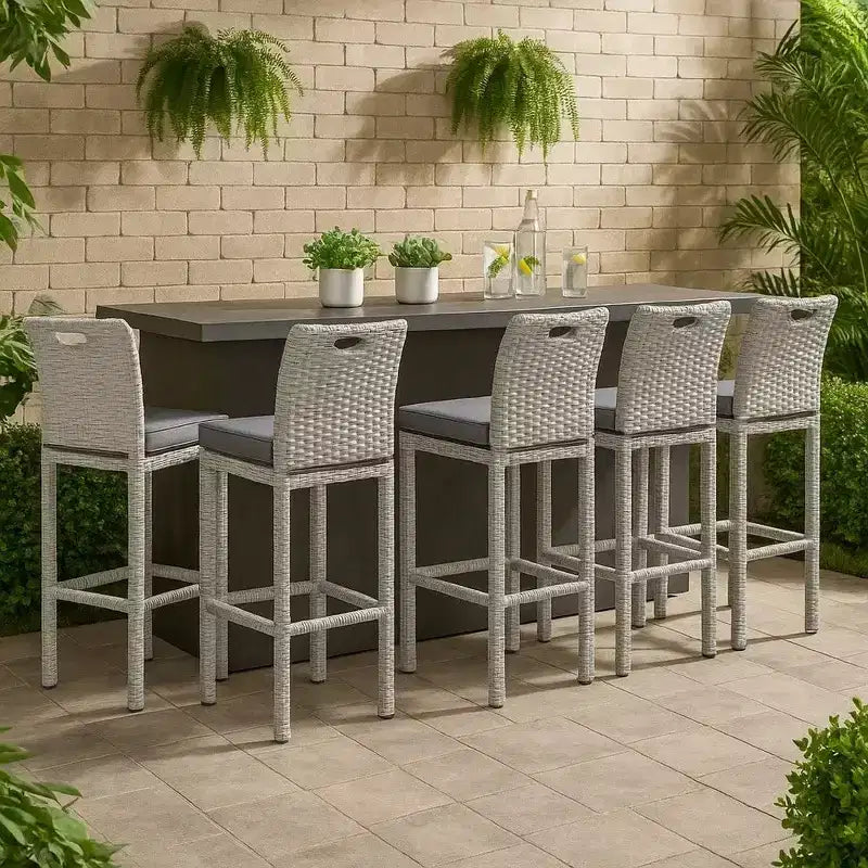 Royal Hampton Barstool Chair Set of 6, Thick Seat Cushion, Gray Wicker Frame