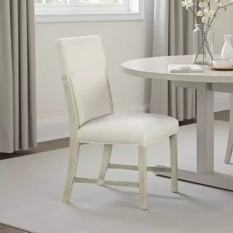 Royal Hampton Side Dining Chair Set of 2, Natural Brown Solid Wood, Soft White Fabric