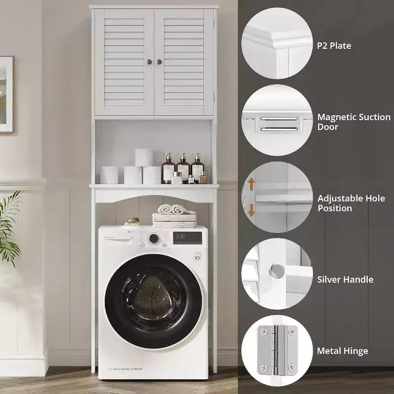 Over The Toilet Storage Cabinet with Ventilated Louvered Doors, Adjustable Shelf and Hooks & Anti-Tip Device, Space-Saving Bathroom Organizer, White