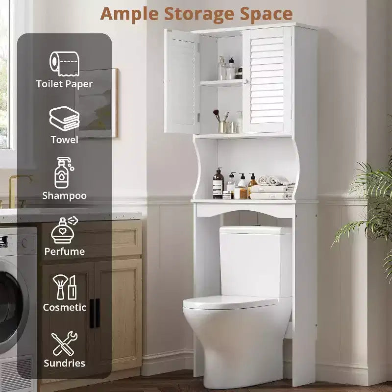 Over The Toilet Storage Cabinet with Ventilated Louvered Doors, Adjustable Shelf and Hooks & Anti-Tip Device, Space-Saving Bathroom Organizer, White