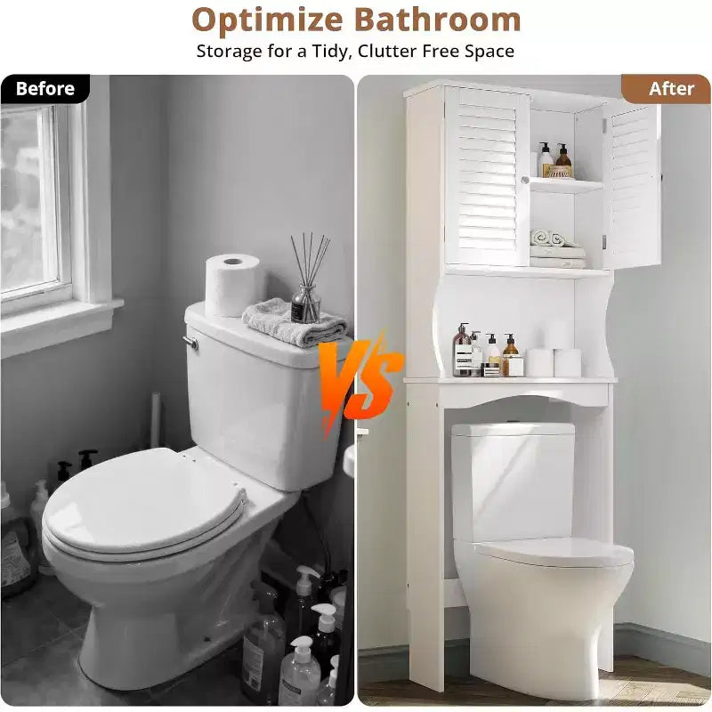 Over The Toilet Storage Cabinet with Ventilated Louvered Doors, Adjustable Shelf and Hooks & Anti-Tip Device, Space-Saving Bathroom Organizer, White