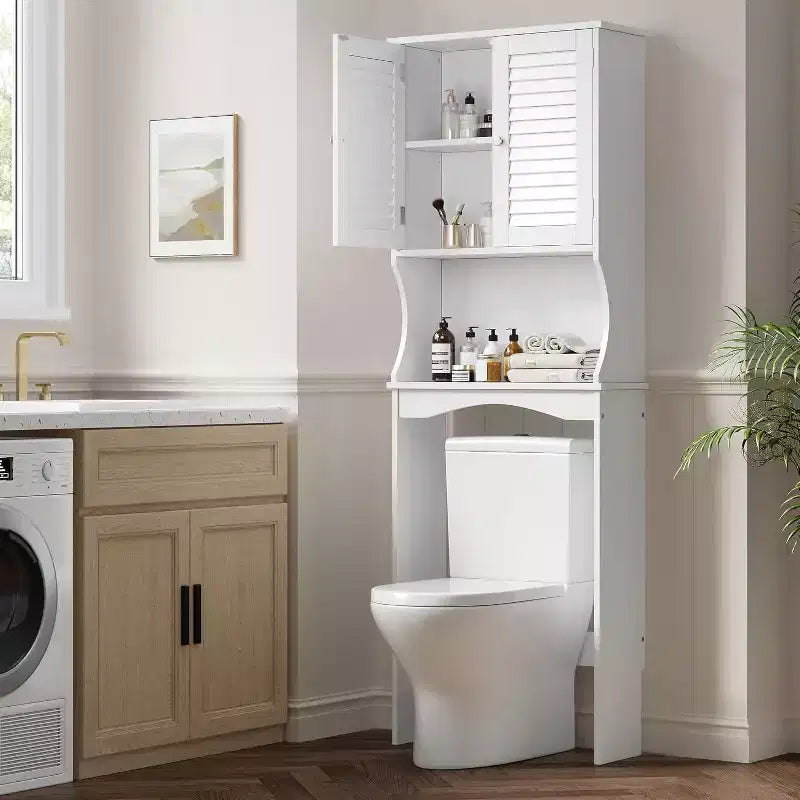 Over The Toilet Storage Cabinet with Ventilated Louvered Doors, Adjustable Shelf and Hooks & Anti-Tip Device, Space-Saving Bathroom Organizer, White