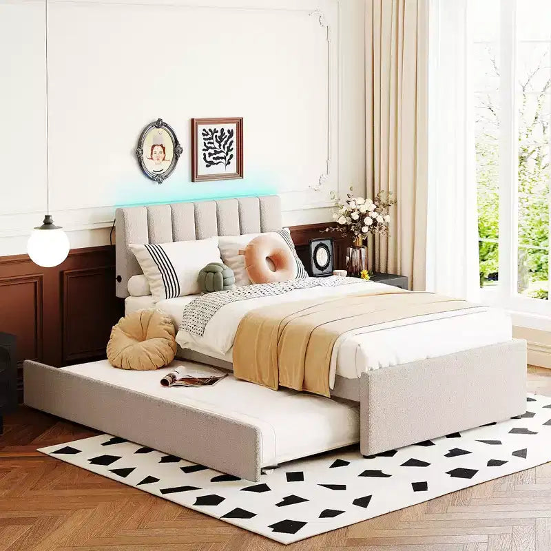 GDFStudio Walton Teddy Fleece Twin Size Upholstered Platform Bed with Pull-Out Trundle and LED Lights